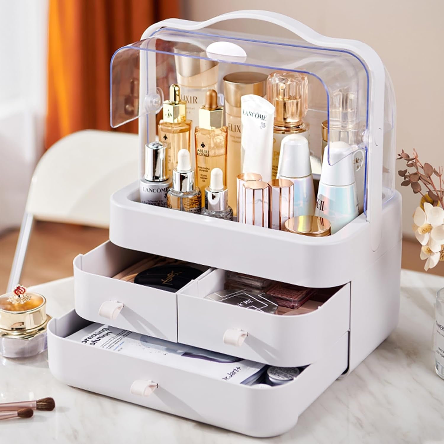 ® Organizer Trucchi Con Coperchio Organizer Bagno Impermeabili Portatrucchi Organizzatore Con 3 Cassetti Grande Capacità, Adatti E Rossetto, Smalto, Profumo, Bianco