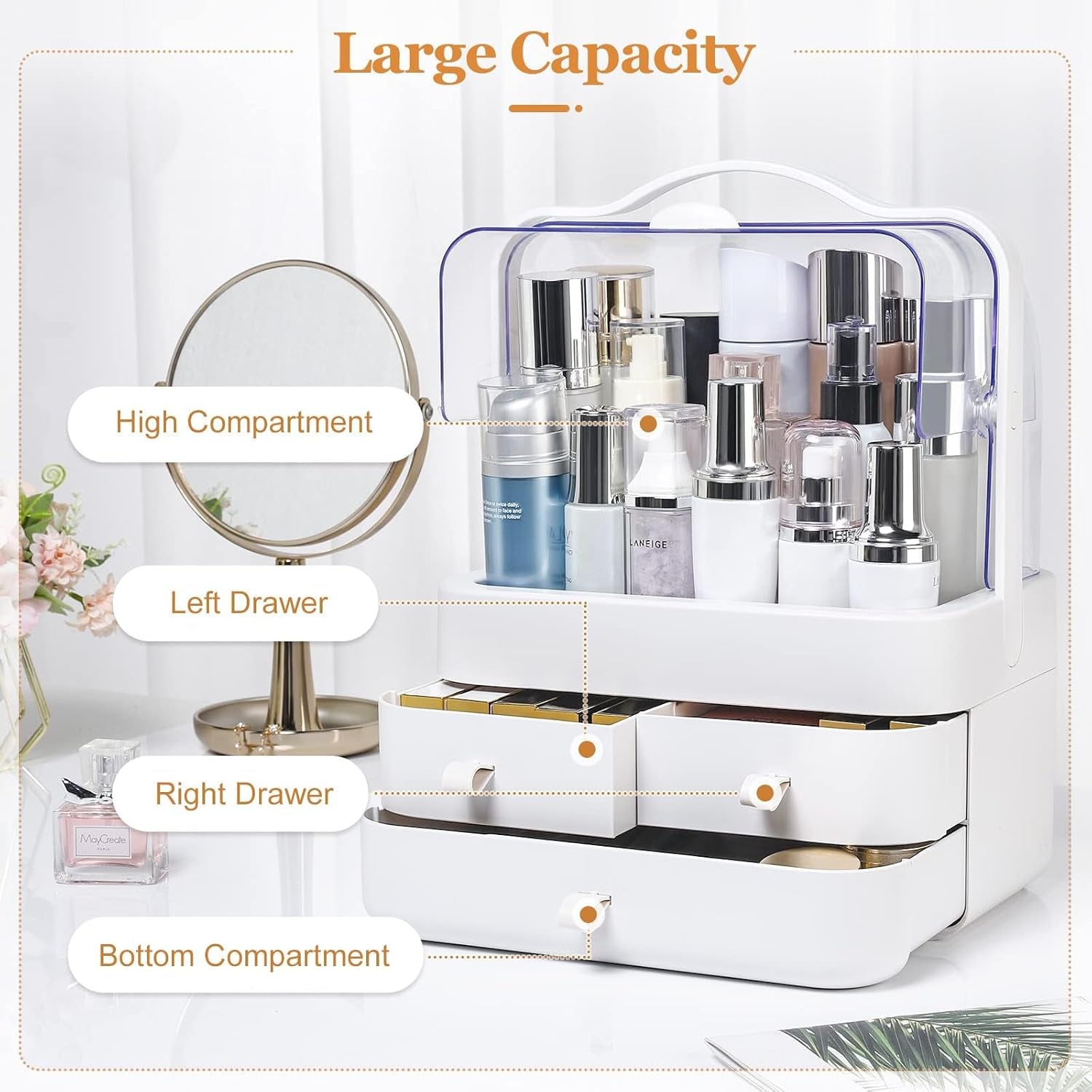 ® Organizer Trucchi Con Coperchio Organizer Bagno Impermeabili Portatrucchi Organizzatore Con 3 Cassetti Grande Capacità, Adatti E Rossetto, Smalto, Profumo, Bianco
