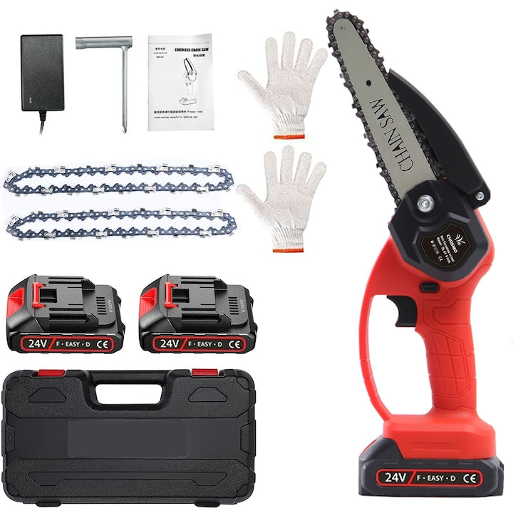 Mini fierastrau cu lant electric portabil/ Drujba, CHOSMO®, 24V, 1500mAh, 2 Baterii, 2 Lanturi, Rosu