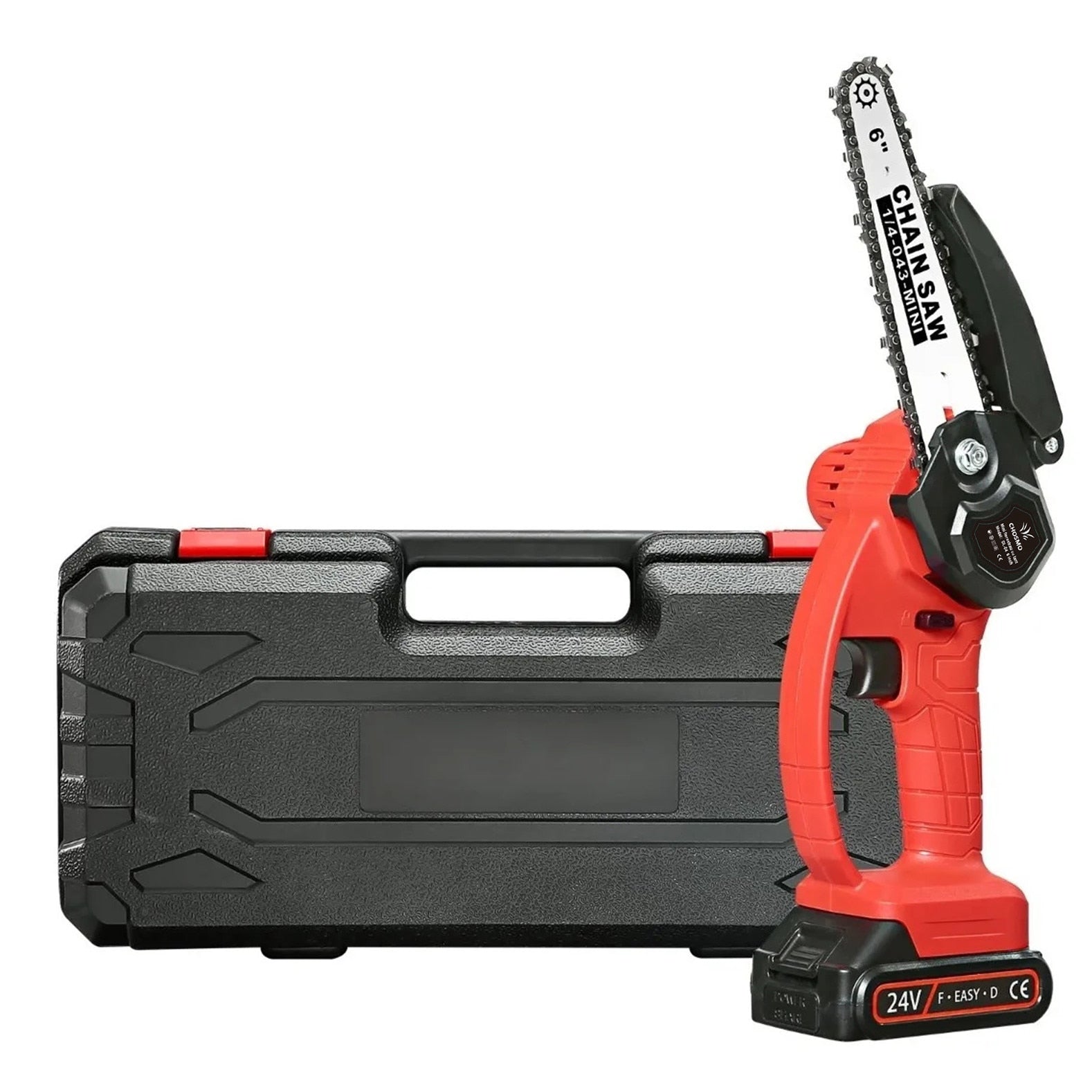 Mini fierastrau cu lant electric portabil/ Drujba, CHOSMO®, 24V, 1500mAh, 2 Baterii, 2 Lanturi, Rosu