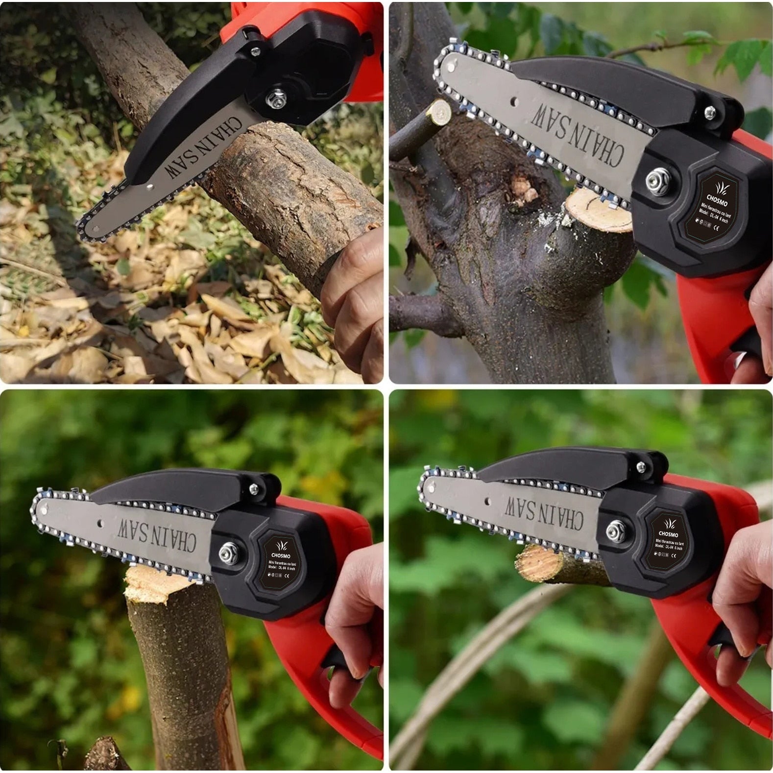 Mini fierastrau cu lant electric portabil/ Drujba, CHOSMO®, 24V, 1500mAh, 2 Baterii, 2 Lanturi, Rosu