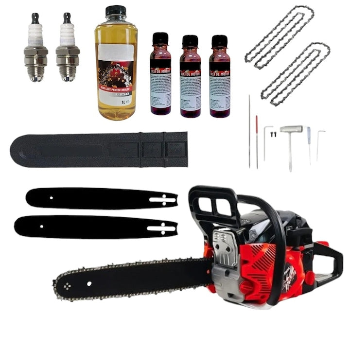 Set Drujba pe benzina 7.5CP Campion, 2 lame, 2 lanturi, 2 bujii, 1 sticla ulei lant, 1 sticla ulei amestec