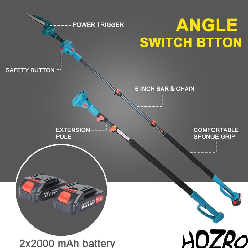 Drujba electrica portabila fara fir HOZRO, mini drujba cu lant puternic, 2 acumulatori reincarcabili si maner reglabil, ideala pentru taiere lemn, crengi, pomi si lucrari gospodaresti eficiente