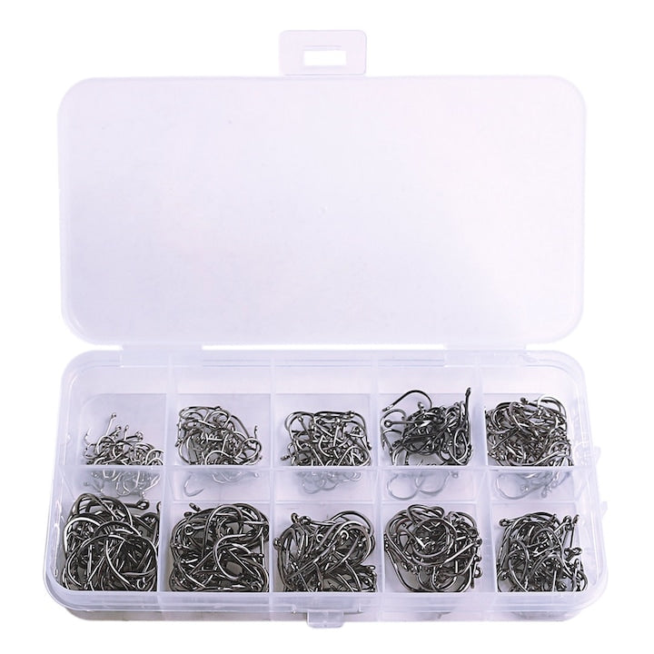 Set 300 buc carlige pescuit, Hggzeg, Accesorii pentru pescuitul, Cu cutie de plastic portabila, 10 marimi (3#-12#), Pentru apa sarata apa dulce apa dulce pescuit la gheata, peste pisica pastravul pastravul bass, Otel Carbon, 12.5x6.5x2cm, Argint